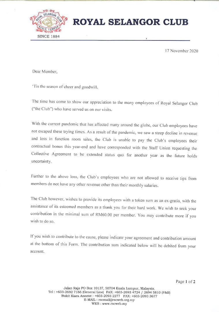 Contribution Letter Royal Selangor Club